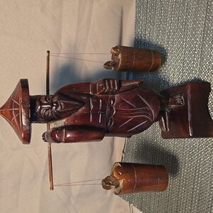 Asian man with water buckets. Vintage 60's Rosewood Handcrafted Wooden Figurine